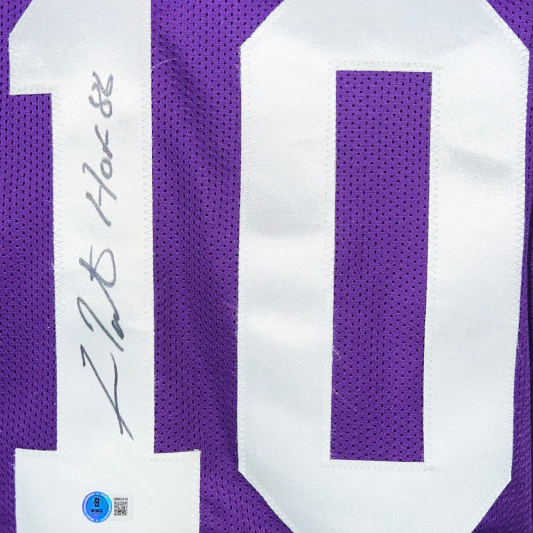 Fran Tarkenton Signed HOF 86 Inscription Minnesota Purple Football Jersey (Beckett)